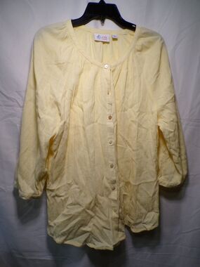 Denim & Co. Women's Yellow Button Front Blouse Size L Crinkle Peasant Top